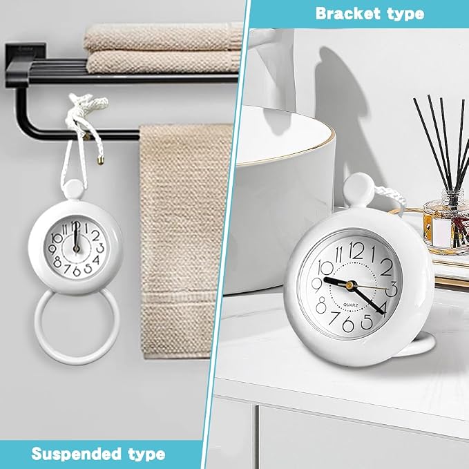Waterproof Shower Clock, 4.72 in Analog Quartz Bathroom Clock with Silent Movement, Hanging or Standing, ABS Plastic, Requires 1 AA Battery, Not Included, White