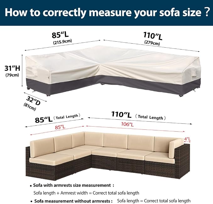 Outdoor Sectional Cover Patio Furniture Covers Waterproof Rip-Stop Anti-UV 600D Heavy Duty Couch Sofa Cover with 3 Air Vent (Beige & Charcoal, L-Shaped-85''X110'')