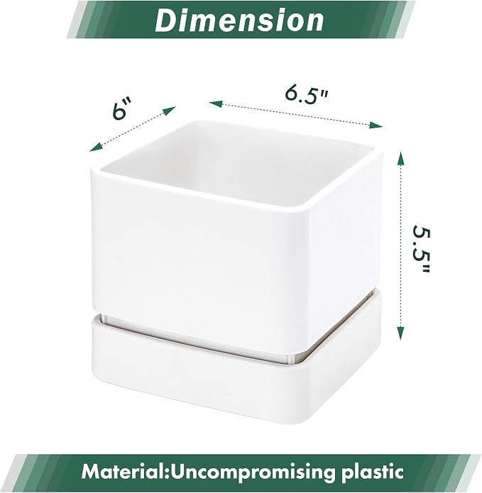 D'vine Dev 6 Inch Herb Planter Pot, Plastic Planter with Drainage Holes and Saucer, Modern Decorative Gardening Pot for Indoor Plants, Flowers, Herbs, Succulents, White, Set of 2, 76-Y-A2-2