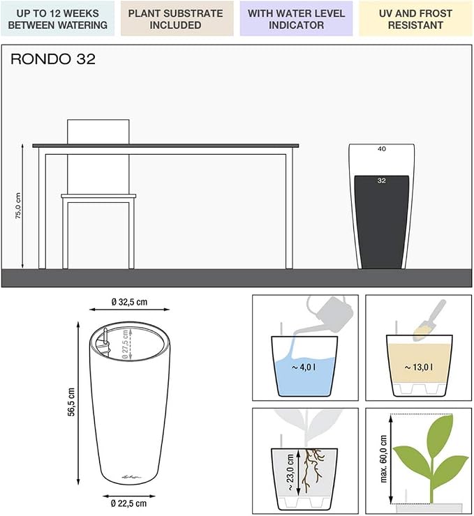 Lechuza Rondo 32 Charcoal Metallic, Self-Watering Tall Planter, D12.6 H22 in