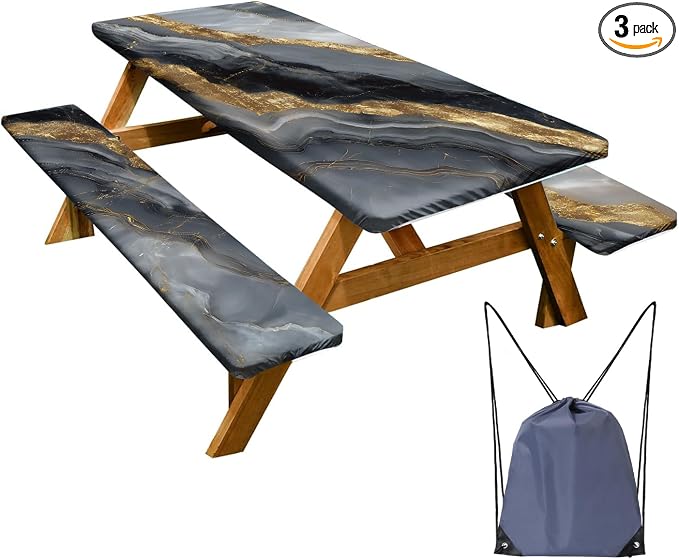 Picnic Table Cover with Bench Covers Set of 3 - Luxurious Black Gold Marble Glam Tablecloth, Elastic Fitted for 6 Ft Tables, Washable Polyester Cover for Patio, Indoor & Outdoor