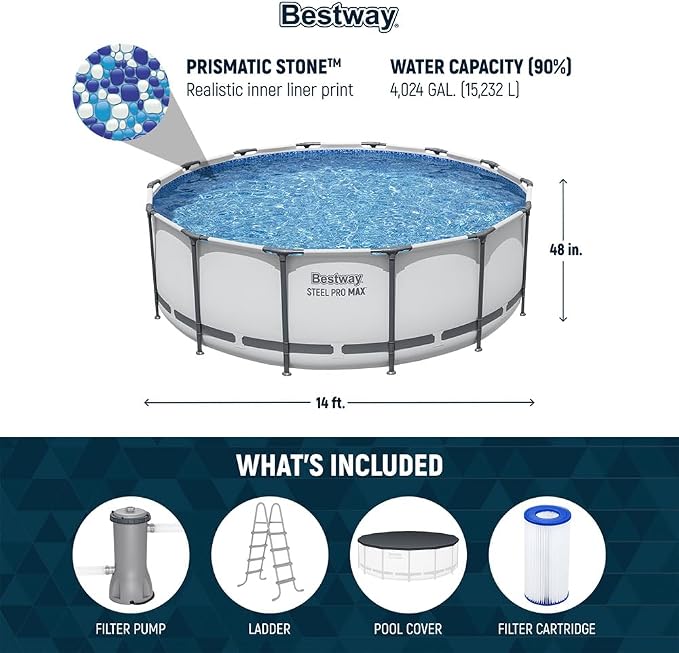 Bestway 2 Pack Steel Pro MAX Above Ground Pool Set, 14 Foot x 48 Inch Round Metal Frame, Outdoor Swimming Pool with 1,000 Filter Pump, Ladder, Cover