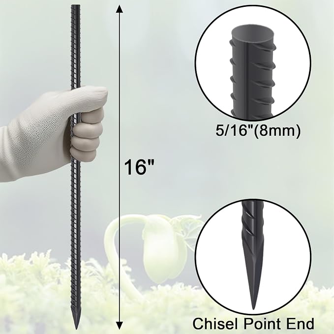 VVOKGO Rebar Stakes 16 Inches Ground Concrete Form Stakes (54pcs), Straight Metal Spikes Heavy Duty with Chisel Point End, 5/16" Diameter Steel Anchors for Fence, Concrete Timber, Garden Plants, Black