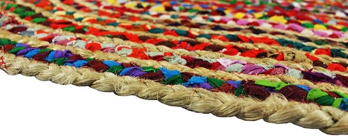 COTTON CRAFT Jute Chindi Braid Rag Rug - 4x6 Ft Oval Multi Color Area | Handwoven Reversible Jute & Natural Recycled Cotton Boho Farmhouse Rustic Area Accent Rug - Living Room Carpet Home Décor