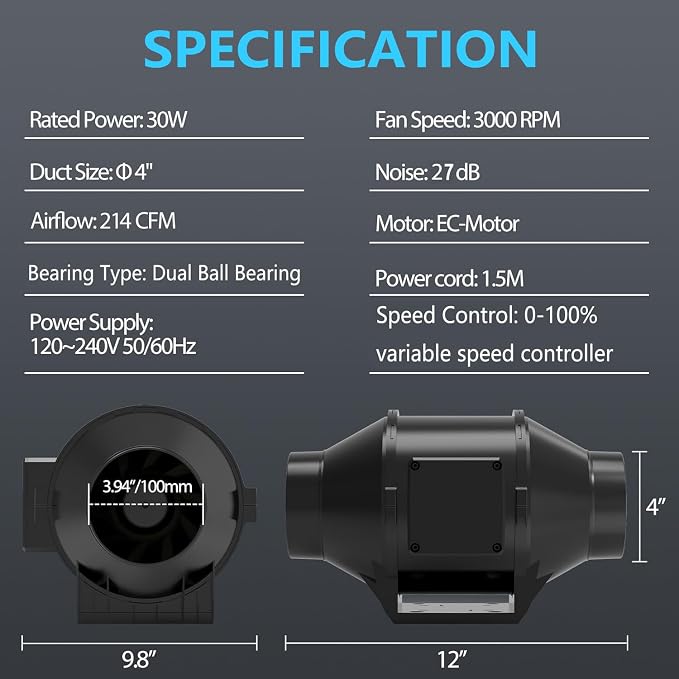 Toolazy Pro 4 Inch Inline Duct Fan 214 CFM, Vent Booster Exhaust Fan with 0-100% Variable Speed Controller, EC Motor Quiet Ventilation Fan for Grow Tent, HVAC, Basement, Bathroom, Crawl Space