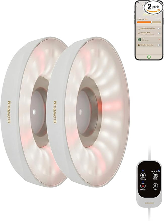 GLOWRIUM Grow Lights for Indoor Plants, Full Spectrum Puck Grow Light with Manual & APP Control, 16W(2 x 8W) Plant Lamp Auto-Timer, Plant Assistant 10 Levels Dimmable for Plant Shelf (2 Packs,White)