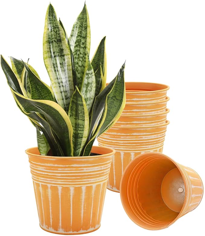 vensovo 7 Inch Galvanized Bucket Planter - 6 Pack Metal Flower Pots with Drainage Holes & Plugs, Rustic Orange Tin Pots for Indoor Herbs, Outdoor Succulents, Farmhouse Home Garden Decor