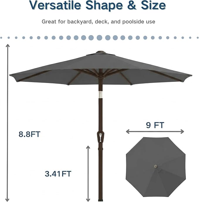 PatioKingdom 9FT Patio Outdoor Umbrella-UPF 50+ Sun Shade with Wind Vent, Push-Button Tilt & Smooth Crank Lift, Rust-Resistant Fiberglass Frame for Garden, Backyard,Yard (Gray)