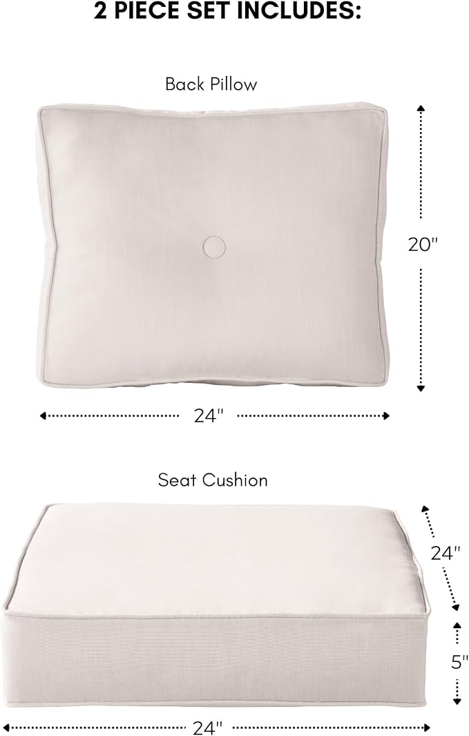 Sunbrella Deep Seat Cushion Set – Seat & Back Cushions for Patio Chairs, Sofas & Loveseats – Fade Resistant Outdoor Fabric, Ties, Zippered Cover, Cord Trim, Cast Pumice