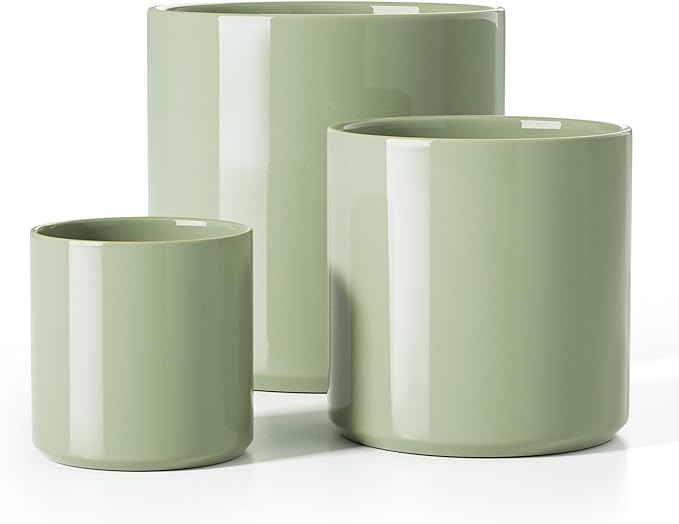 LE TAUCI 10+8+6 Inch Ceramic Pots for Plants, Indoor Planters with Drainage Hole and Plug, Modern Cylinder Flower Pots Set of 3 for Living Room and Kitchen, Glossy, Sage Green