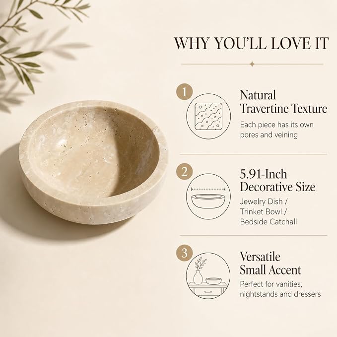 Small Travertine Bowl, 5.9-Inch Stone Catchall | Natural Stone Decoration Bowl for Keys, Jewelry, Rings and Trinkets, Entryway, Vanity, Nightstand and Dresser Decor