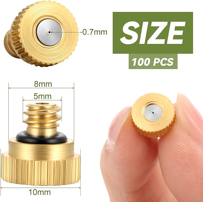 Zhengmy 100 Pcs 0.7 mm Brass Misting Nozzles, Mister Nozzles Brass for Outdoor Cooling System Orifice 10/24 UNC Replacement Heads for Outdoor Cooling System