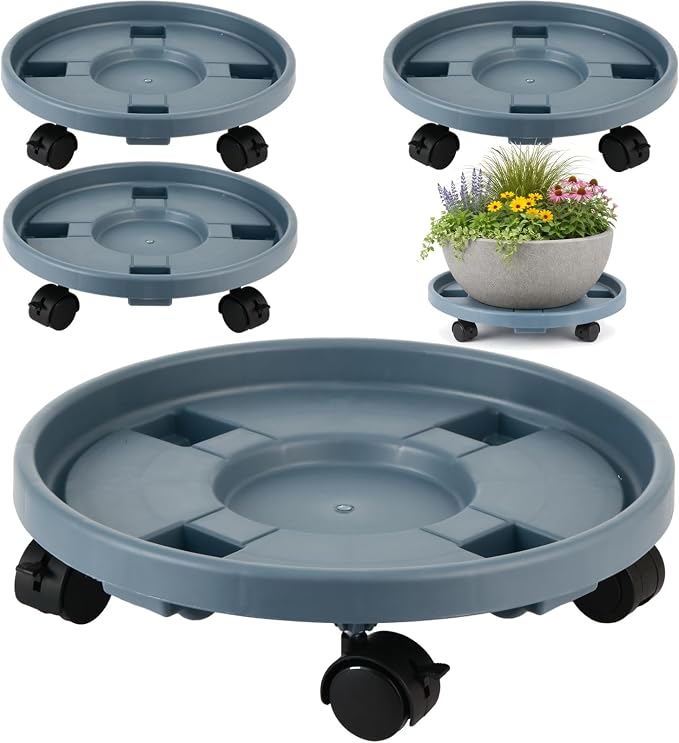 4-pack 17.3" Extra-large Plant Caddy with Wheels Plastic Plant Dolly with Locking Caster Flower Pot Mover Rollers Wheeled Rolling Plant Stands Round Plant Saucer Indoor Outdoor Base Coasters Gray