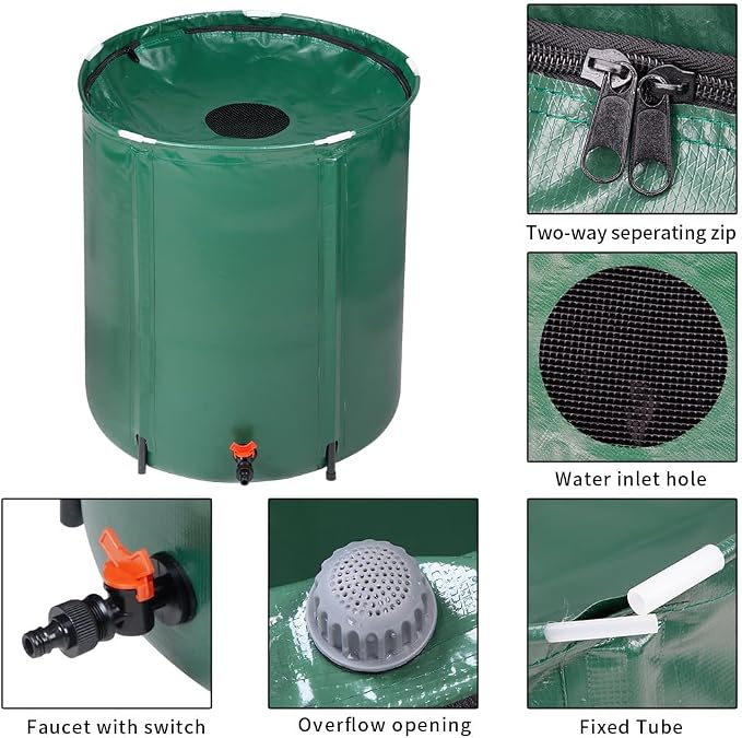 50 Gallon Collapsible Rain Barrel, Water Storage Tank, Portable Rainwater Collection System, Rain Catcher Barrel with Spigots and Overflow Kit, Rain Water Barrel Collector for Garden, Green