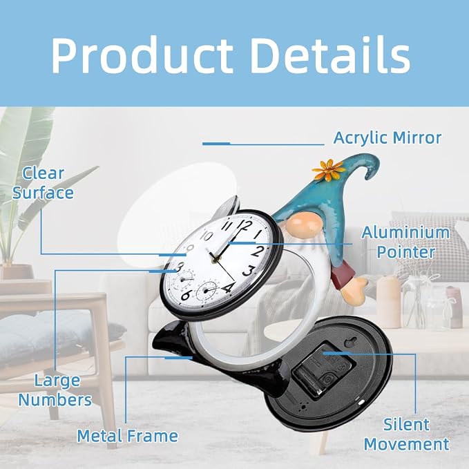 14.5'' Gnome Outdoor Clock with Thermometer & Humidity | Silent No-Ticking, Quartz Clock Waterproof, Decor for Patio, Living Room, Kitchen