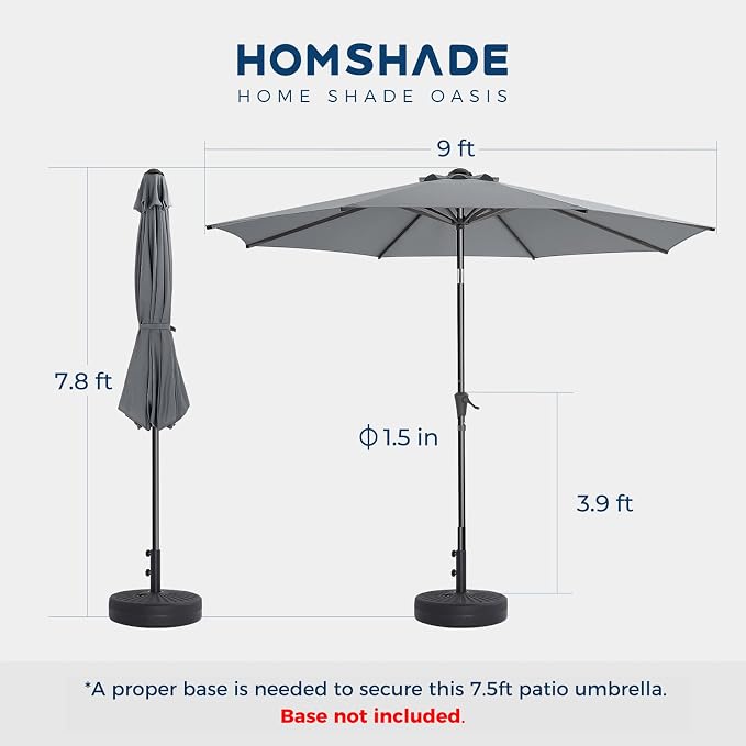 HOMSHADE 9ft Outdoor Patio Umbrella - UPF50+ UV Protection Market Patio Table Umbrella with Push Button Tilt, Crank and 8 Sturdy Ribs for Pool Deck and Garden (Grey, No base)