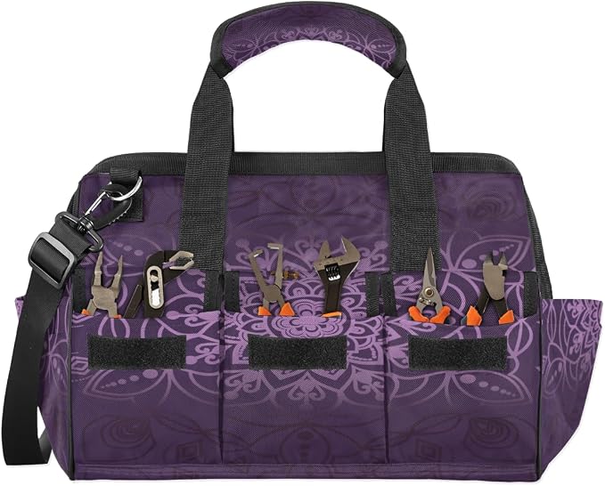 Purple marble pattern Tool Bag – Heavy-Duty Multi-Pocket 14+ Pockets (6 Inner + 6 Outer + 2 Side), Removable Shoulder Strap, for Construction, Gardening, Camping, Travel – 14.8 x 9.1 x 10 Inches