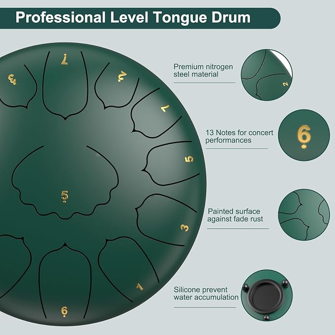 D Major Steel Tongue Drum Handpan, 12 Inch 13 Note Large Rain Drum for Outside Garden, Meditation Rain Chime, Musical Percussion Instrument for Adult Gift with Bag, Music Book, Drum Mallets (Green)