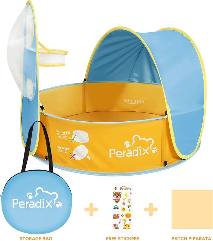 Peradix Paddling Pool for Kids & Pets, Kids Ball Pit Tent 3 in 1, Pop Up Wading Pool Tent with UV Protection Sunshade Canopy Basketball Hoop, Portable Beach Backyard Toys for Indoor Outdoor Activity