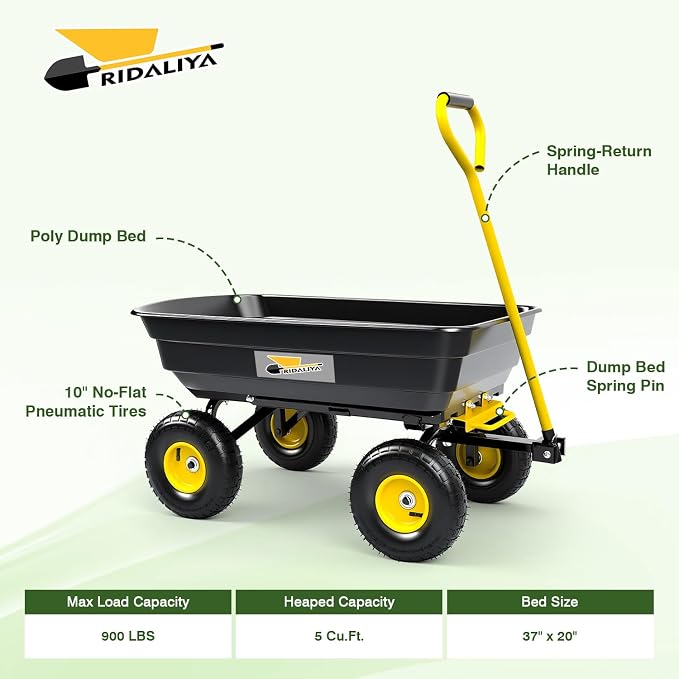 Garden Dump Cart, 5 Cu.Ft. Heavy-Duty Utility Wagon with 900lbs Capacity, 10" All Terrain Tires, 180° Rotating Handle for Yard, Lawn, and Outdoor Use