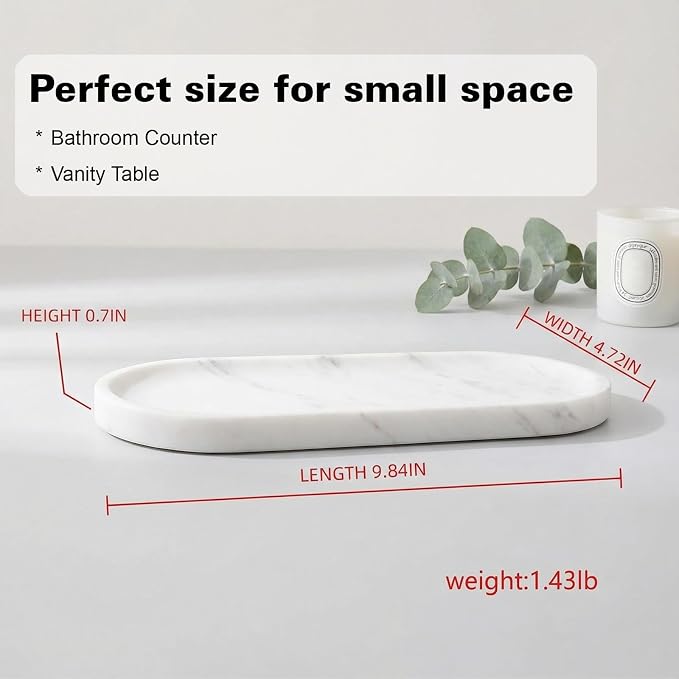White Marble Vanity Tray for Bathroom Counter, 10"x5" Decorative Tray for Perfume, Candles, Stone Jewelry Dish Tray (White, 9.8X4.7)