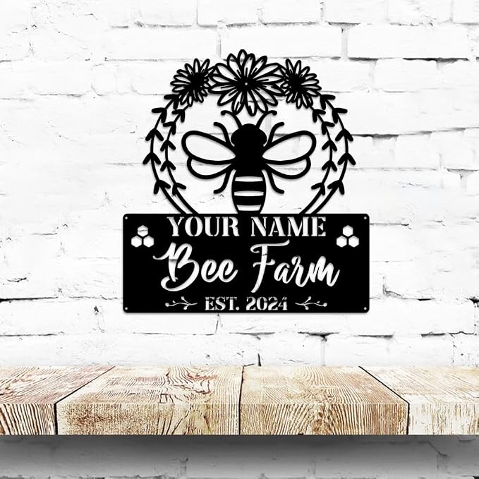 MeMate Bee Farm Flowers Sign, Custom Name Sign Metal for Bee Lovers, Garden Sign to Personalize, Bee Garden Art Decorations, Personalized Bee Sign, 8-24 inches Large Metal Sign, Gift for Beekeeper