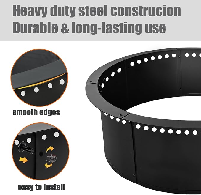 SoulMate Outdoor 46-Inch Outer/42-Inch Inner Fire Pit Ring Smokeless,Duty Solid Metal Steel Round Firepit Rim Insert for DIY Fire Pits, Outdoor Above or In-Ground, Camping Garden Patio Backyard.
