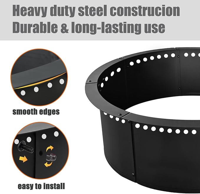 SoulMate Outdoor 43-Inch Outer/39-Inch Inner Fire Pit Ring Smokeless,Duty Solid Metal Steel Round Firepit Rim Insert for DIY Fire Pits, Outdoor Above or In-Ground, Camping Garden Patio Backyard.