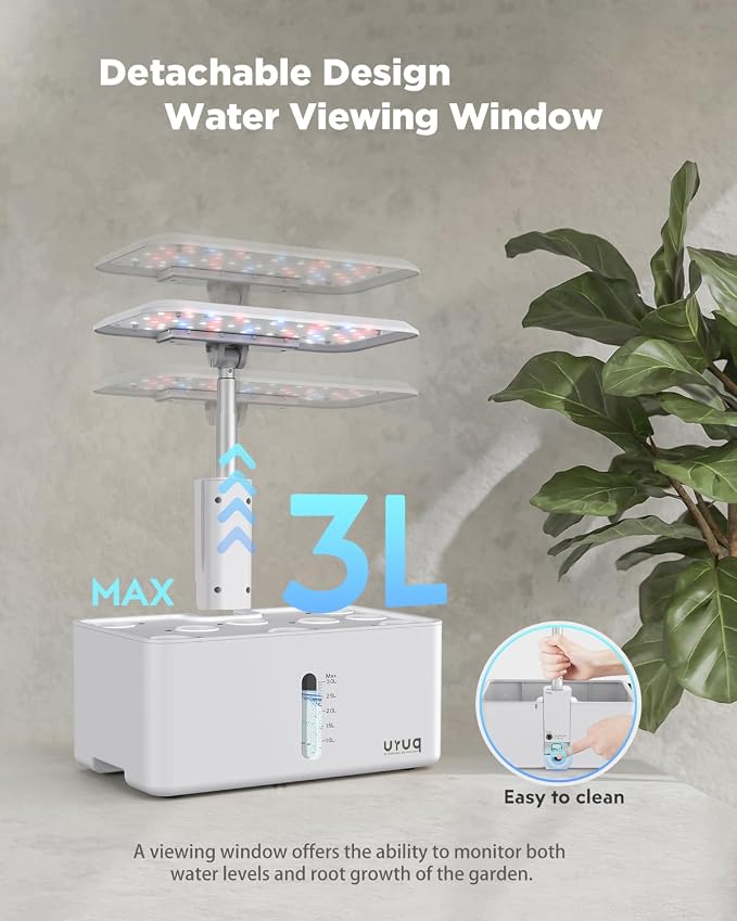 URUQ 8 Pods Hydroponics Growing System with LED Grow Light - White | Quiet Water Pump, Automatic Timer, Adjustable Height for Fresh Herbs, Vegetables, Indoor Gardening, Gifts for Plant Lovers