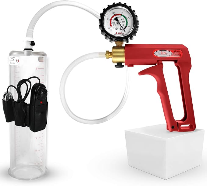 LeLuv Vibrating Penis Pump Maxi Red Handle + Protected Gauge and Clear Hose - 9 inch Length x 2.50 inch Diameter Cylinder