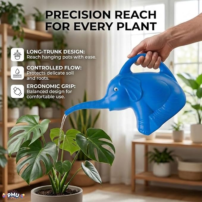 PMU 12Pcs 2-Quart Elephant Watering Can – Durable Plastic Garden Watering Can for Indoor & Outdoor Plants, Easy-Pour Spout, Large Water Pot, Blue