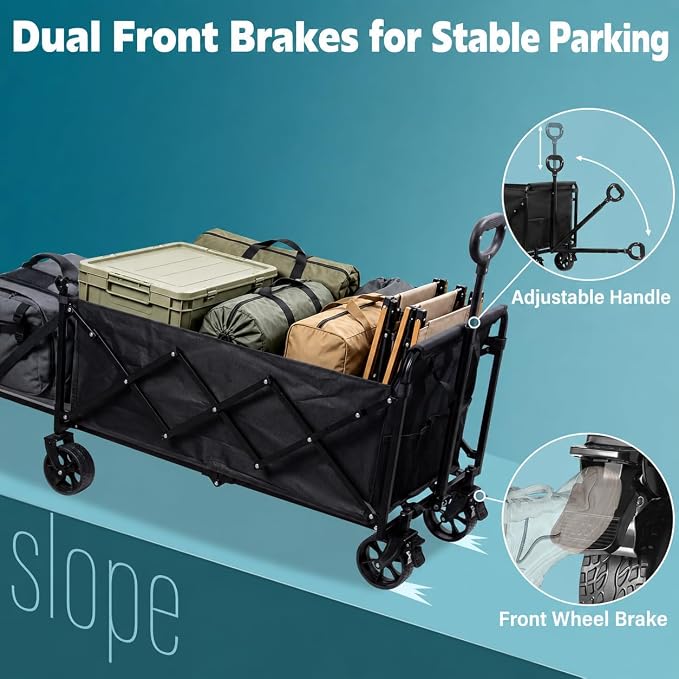 Collapsible Wagon Cart, 300L Folding Wagon with Tailgate & Brakes | extra large wagon cart with rear tailgate, brakes, large all-terrain wheels for camping, groceries, beach, outdoor hauling