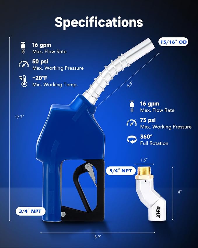 Orion Motor Tech Automatic Fuel Nozzle Kit, 3/4" NPT Auto Shut Off Fuel Nozzle with 360° Hose Swivel, Gas Fuel Transfer Refilling Nozzle with 15/16" Spout 16 gpm Flow Rate