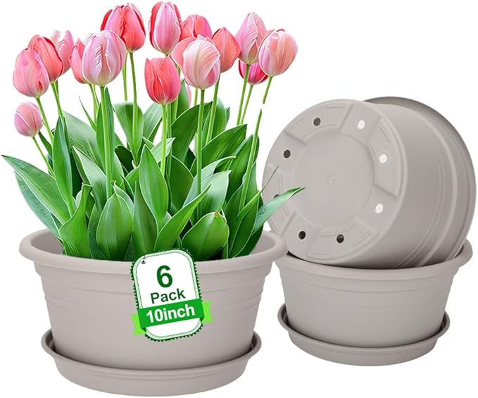 MRPAPA 6Pack Round Plastic Pots for Plants, Outdoor Planters with Drainage Hole & Tray Saucer, Decoration Large Flower Pots for Indoor Outdoor Garden Home Plants (6, Gray White, 10 Inch)