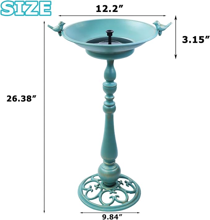 26.6" H Solar Bird Bath, Cast Iron Bird Bath and Solar Fountain, Outdoor Metal Bird Bath Bowl for Outdoors,Patio Yard Lawn Decor