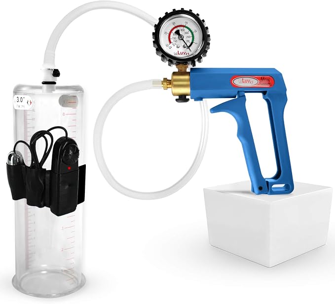 LeLuv Vibrating Penis Pump Maxi Blue Handle + Protected Gauge and Clear Hose - 9 inch Length x 3 inch Diameter Cylinder