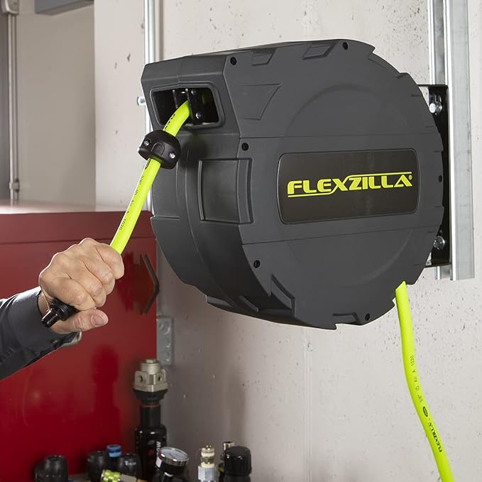 Flexzilla Retractable Enclosed Plastic Air Hose Reel, 3/8 in. x 30 ft, Heavy Duty, Lightweight, Hybrid, ZillaGreen - L8232FZ