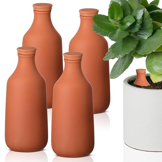DoubleFill 4 Pcs 32 oz Ollas Terracotta Watering Pots Self Watering Planter Insert Terracotta Globes Clay for Outdoor Indoor Garden Plants, Easy to Refill