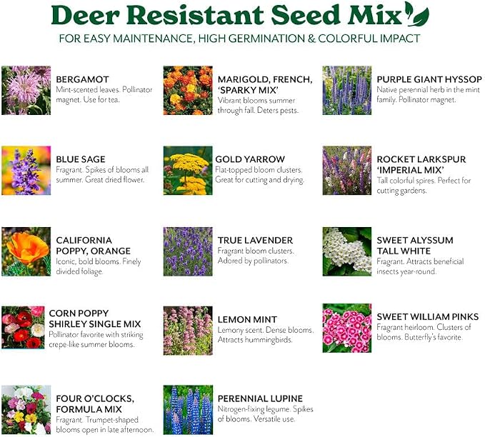 Grow Your Own Vibrant Annual and Perennial Wildflower Garden Seed Mixture, Varieties for Pollinators and Spring Gardens - Deer Resistant Mix, 5 lbs