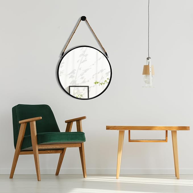 POZINO 15" Small Round Rope Hanging Mirror with Black Metal Frame | Circle HD Mirror with Jute Rope, Anti-Rust, Farmhouse Decorative Wall Mirror for Entryway, Living Room, Fireplace, Bedroom