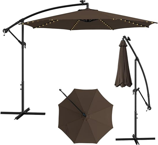 HAPPYGRILL 10FT Cantilever Patio Umbrella with Solar Lights, Outdoor Hanging Offset Umbrella with 112 LED Lights, Tilt Design, Crank Handle, Cross Base Stand for Garden Yard Deck