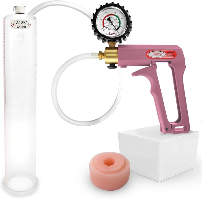 LeLuv Penis Pump Maxi Pink Nylon Handle + Protected Gauge - Bundle with Clear Hose, Silicone Donut Seal - 12 inch Length x 2.125 Inch Diameter Cylinder