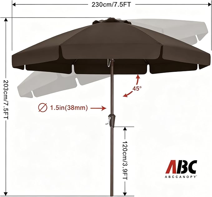ABCCANOPY 7.5ft Scalloped Patio Umbrella, Outdoor Table Umbrella with Tilt and Crank, Fiberglass Ribs Deck Umbrella for Patio, Pool, Garden, Picnic (Brown)