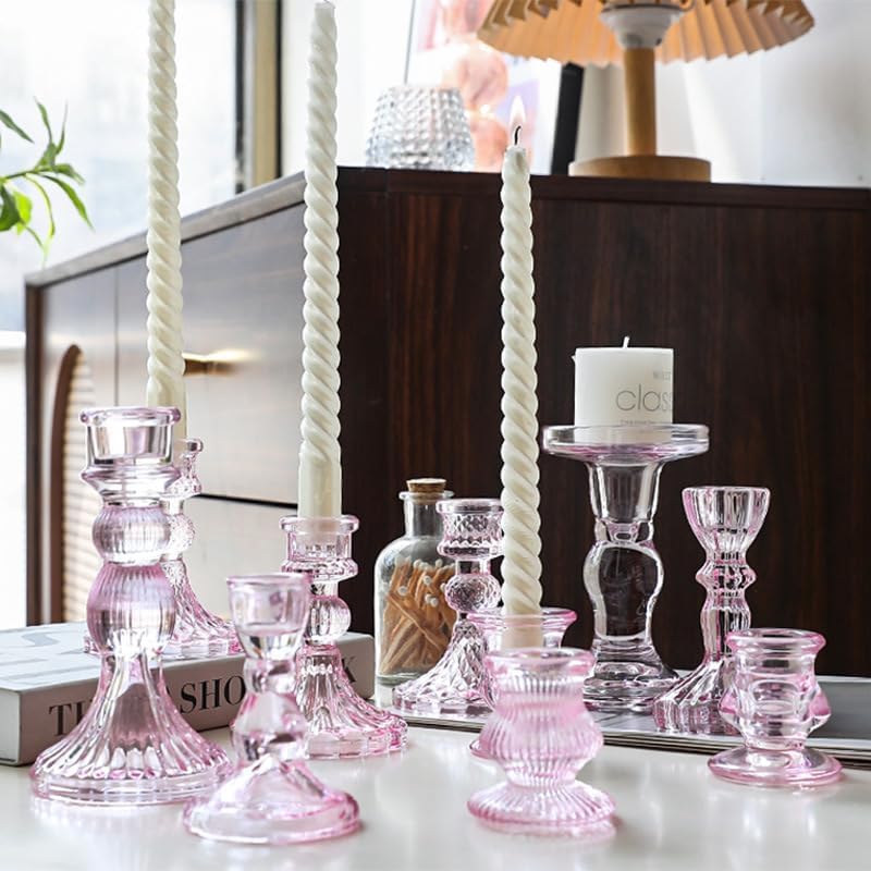 Glass Candlestick Holders Set of 6, Taper Candle Holder for Wedding Festival Christmas Party Valentine's Decor, Table Centerpieces (Pink) - Image 6