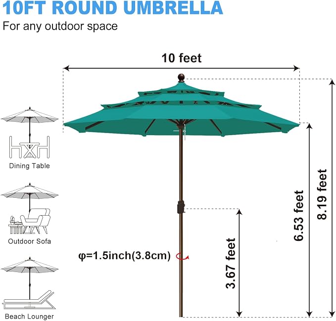 Eurmax USA 10-Year-Non-Fading 10FT 3-Tier Outdoor Patio Market Umbrella,UPF50+ UV Resistant,Heavy Duty Commercial Grade,Crank Lift Design,Windproof Vented Top for Garden,Pool,Deck,Teal