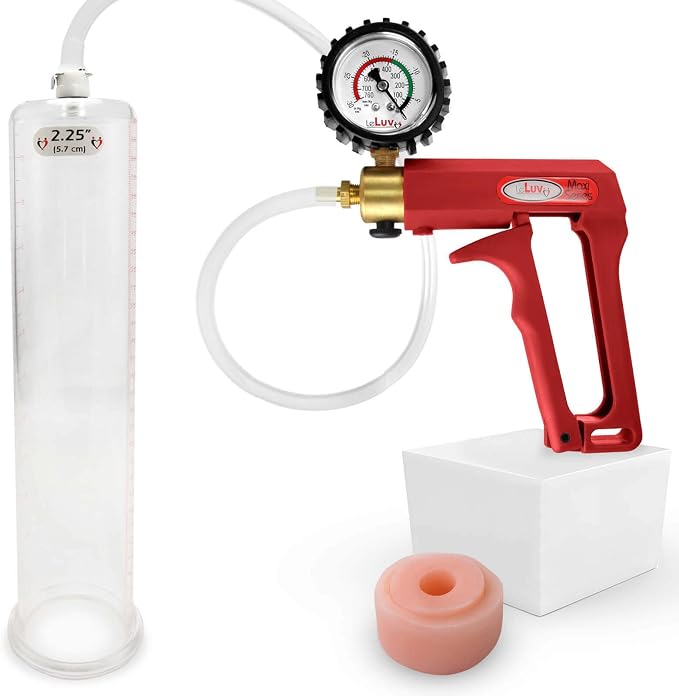 LeLuv Penis Pump Maxi Red Handle + Protected Gauge - Bundle with Clear Hose, Silicone Donut Seal - 12 inch Length x 2.25 inch Diameter Cylinder