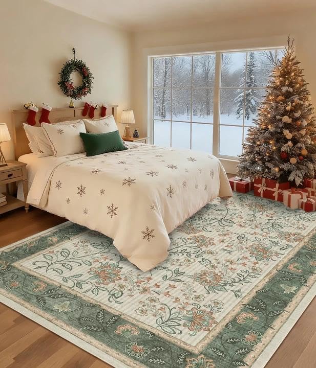 GarveeHome 8x10 Sage Green Washable Area Rug Living Room Bedroom Non Slip | Botanical Floral Print Rug Soft Floor Mat Carpet Indoor Thin Cottage core Rug for Dining Room Playroom Nursery Room