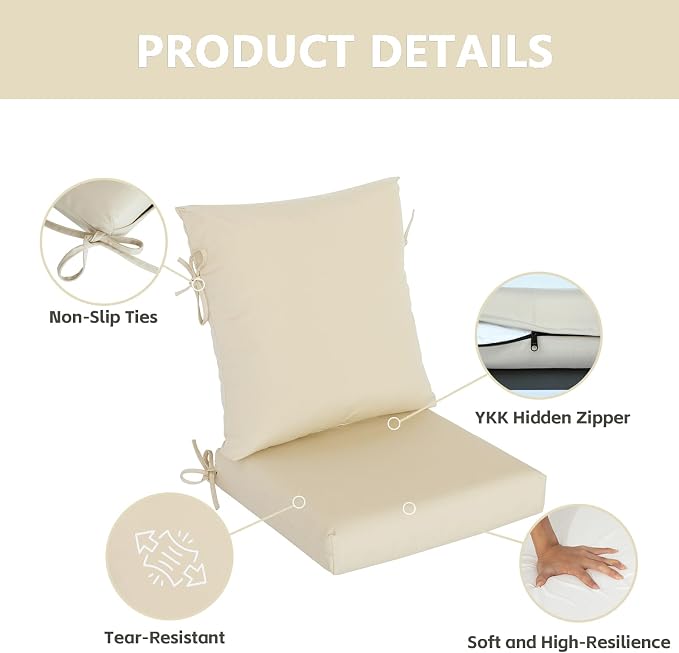 Goodgoods 20 x 42 Outdoor Patio Chair Cushion 2-Pack, Fade-Resistant & Water-Resistant Furniture Chair Cushions with 35D High-Resilience Foam for Dining Chairs, Beige