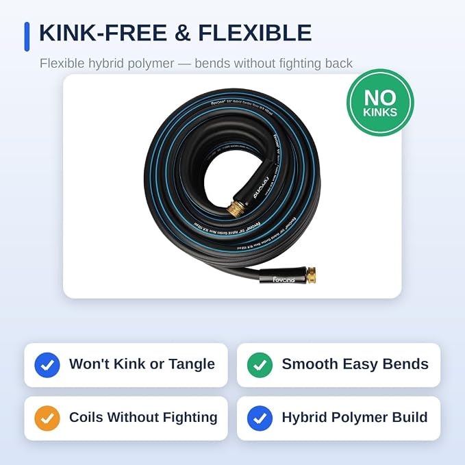 FEVONE Kink Free Garden Hose 25 ft, Heavy Duty Water Hose | Flexible Lightweight, Hybrid Polymer, 5/8 ID, 600 PSI, Leak-Proof, Solid Brass 3/4 GHT Connectors