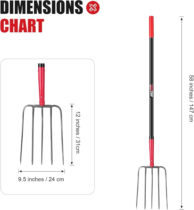 5-Tine Pitchfork Garden Fork Fiberglass Handle for Farm Work 57 in | Heavy Duty, Long Fiberglass Handle,Manure Fork,Pitchfork, For Garden Work,Grass Fork,For Farm Work